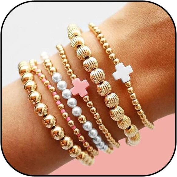 Jewelry - Gold Beaded Pearl Cross Stack Bracelets for Women Trendy Christmas Gifts